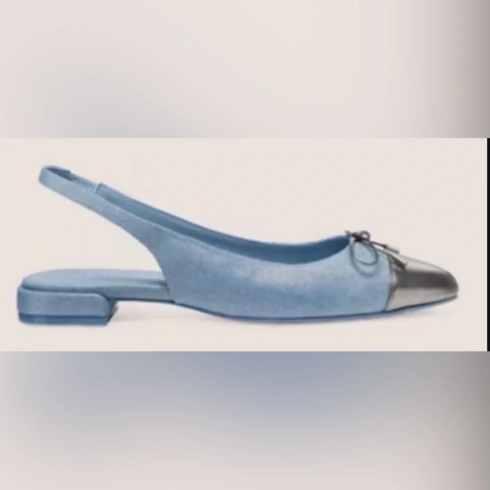 NWOT Stuart Weitzman Sleek Denim Bow Slingback Flat, Size 7.5